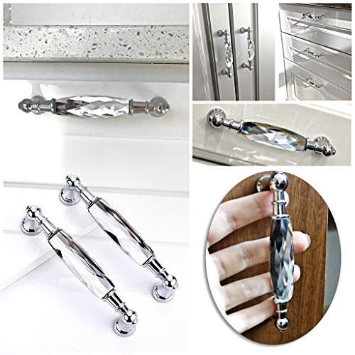 JUXYES Pack of 2 Crystal Cabinet Handles Pulls, Chrome Silver Glass Handle Decorative Drawer Pulls Modern Cupboard Door Handle Knobs for Dresser Drawer Cabinet Closet (5") - Image 5