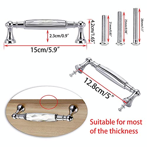 JUXYES Pack of 2 Crystal Cabinet Handles Pulls, Chrome Silver Glass Handle Decorative Drawer Pulls Modern Cupboard Door Handle Knobs for Dresser Drawer Cabinet Closet (5") - Image 3