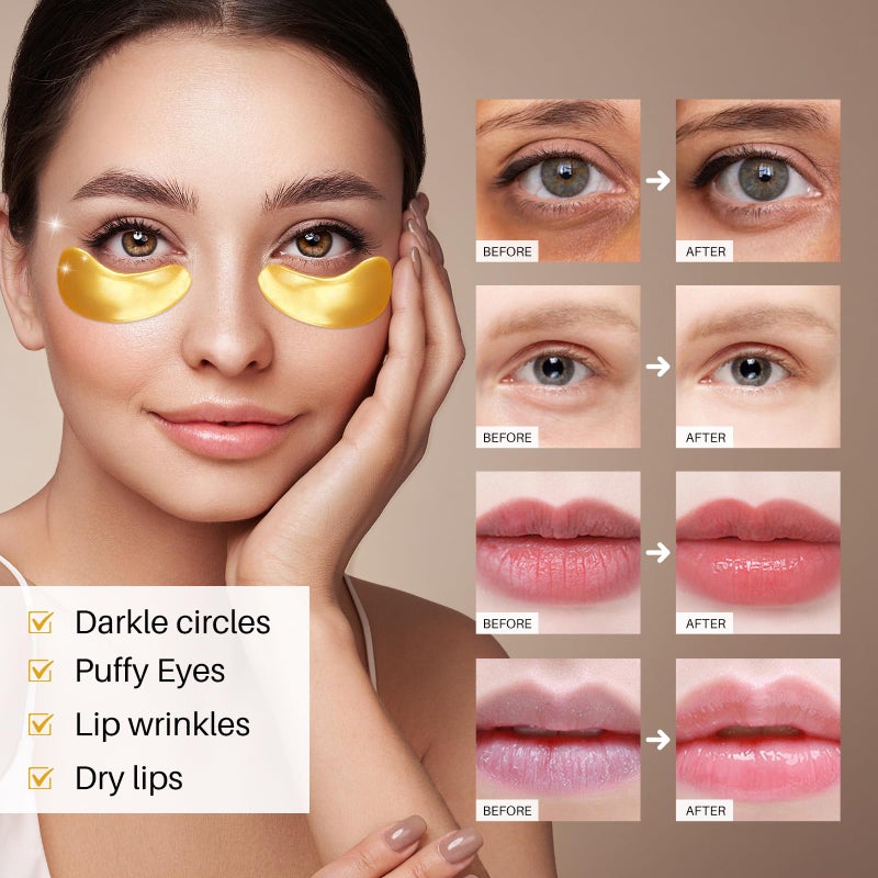Reengull 40 Pairs 24K Gold Eye Masks & Lip Masks, Crystal Collagen Under Eye Patches for Puffy Eye, Moisturizing Skin Care Lip Eyes Patches for Dark Circles, Wrinkles and Fine Lines (gold and pink) - Image 4