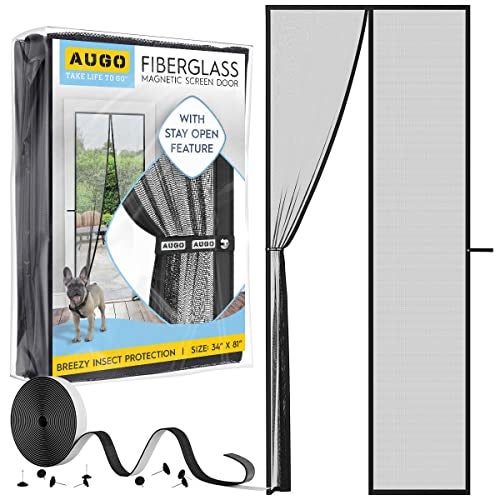AUGO Magnetic Fiberglass Screen Door - Self Sealing, Heavy Duty, Hands Free Mesh Partition Keeps Bugs Out - Door Screen Magnetic Closure - Patent Pending Keep Open Feature - 34 Inch x 81 Inch - Image 1