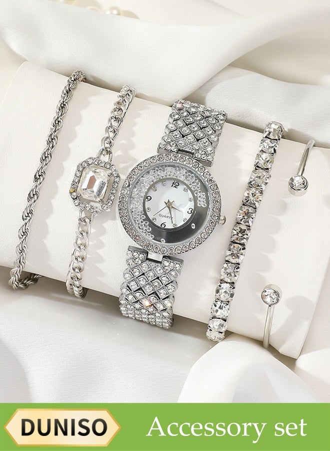 DUNISO 5 Pcs Diamond Ladies Watch Set, Ladies Steel Strap Quartz Watch, High End Ladies Watch Set,With 4 Bracelets,With Diamond Decoration,Suitable For Daily Use,Gatherings, Dates, And Events - Image 1