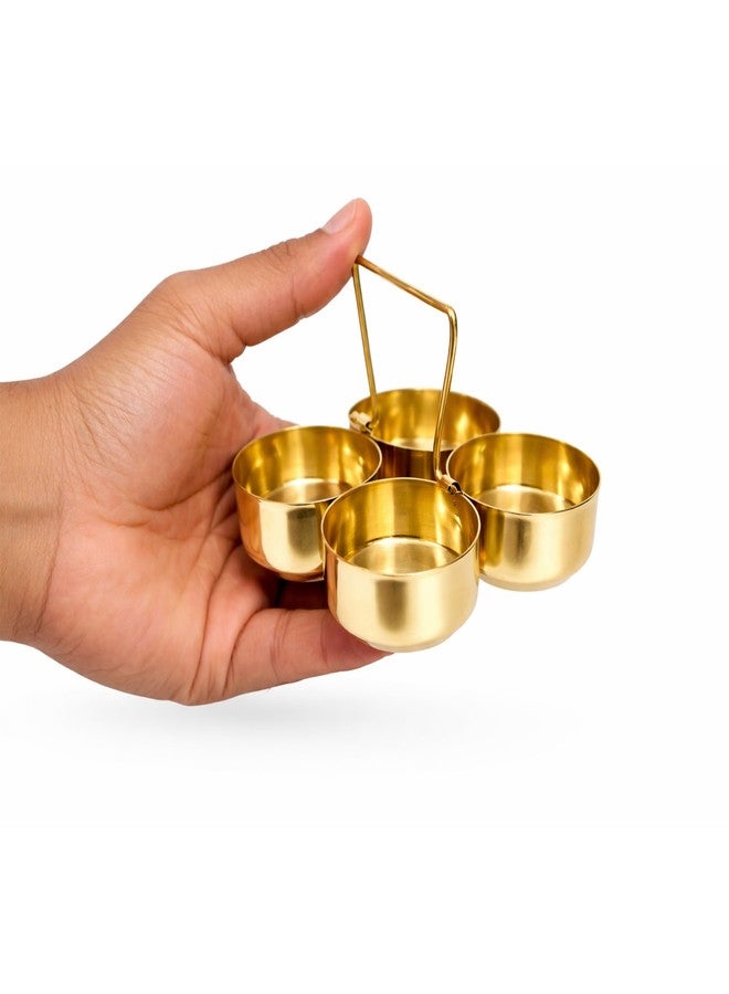 Spillbox Brass Roli Kumkum Holder for Pooja | 4 Bowl Haldi Dani with Handle | Traditional Roli Chawal Container for Pooja Thali | Kumkum Box for Mandir Home Temple Festival Use - Image 4