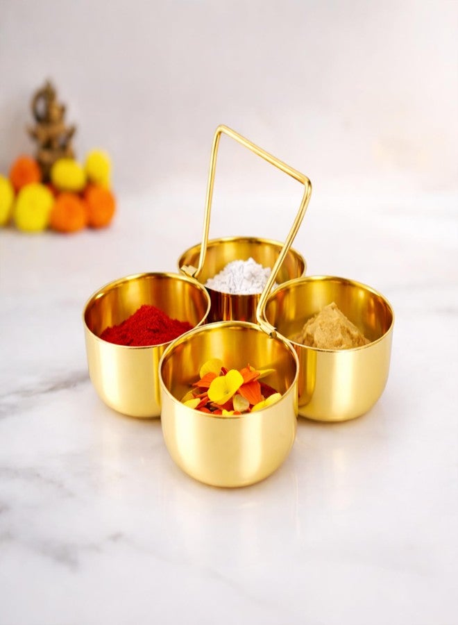 Spillbox Brass Roli Kumkum Holder for Pooja | 4 Bowl Haldi Dani with Handle | Traditional Roli Chawal Container for Pooja Thali | Kumkum Box for Mandir Home Temple Festival Use - Image 1