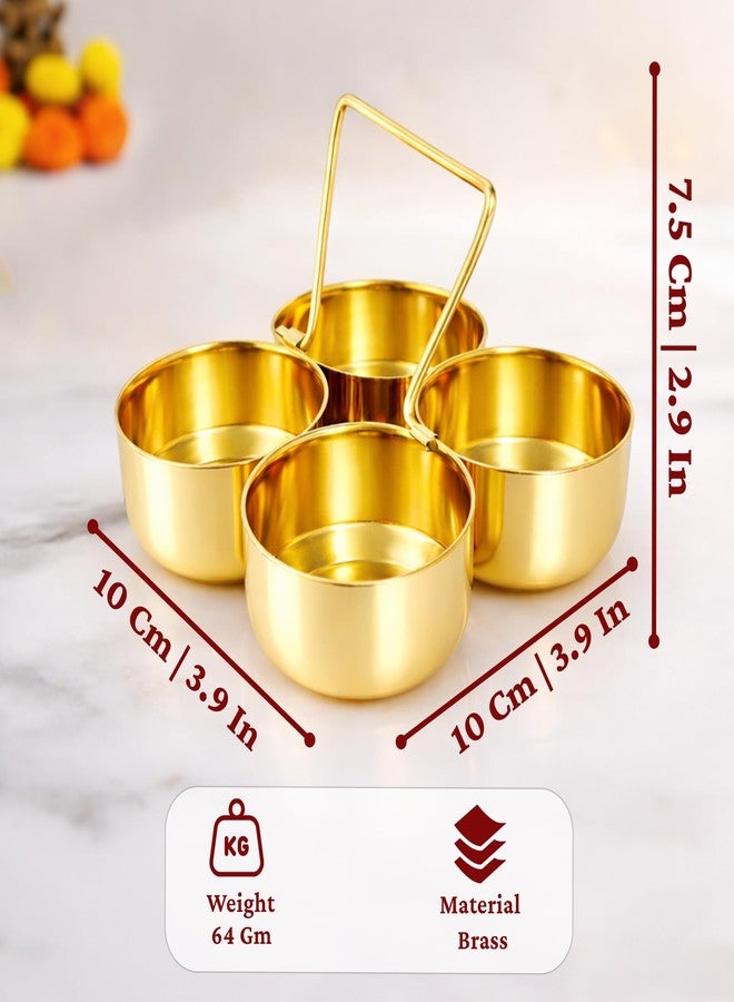 Spillbox Brass Roli Kumkum Holder for Pooja | 4 Bowl Haldi Dani with Handle | Traditional Roli Chawal Container for Pooja Thali | Kumkum Box for Mandir Home Temple Festival Use - Image 3