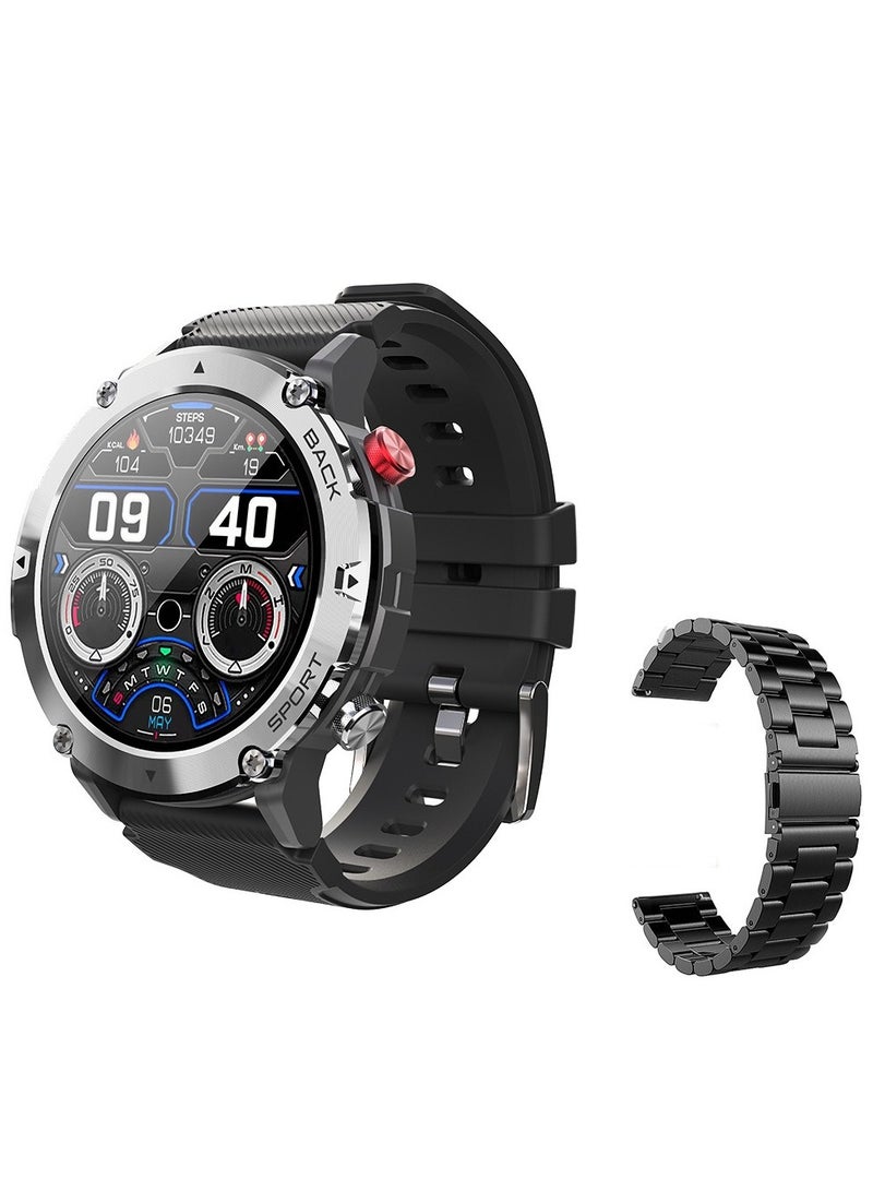 AROAQ ساعة ذكية Code21 مع مكالمات بلوتوث، جهاز تتبع اللياقة البدنية مع مراقب معدل ضربات القلب، ساعة ذكية متعددة الوظائف مقاومة للماء للنوم للرجال، هيكل فضي (ثلاثة أسود + سيليكون أسود) - Image 1