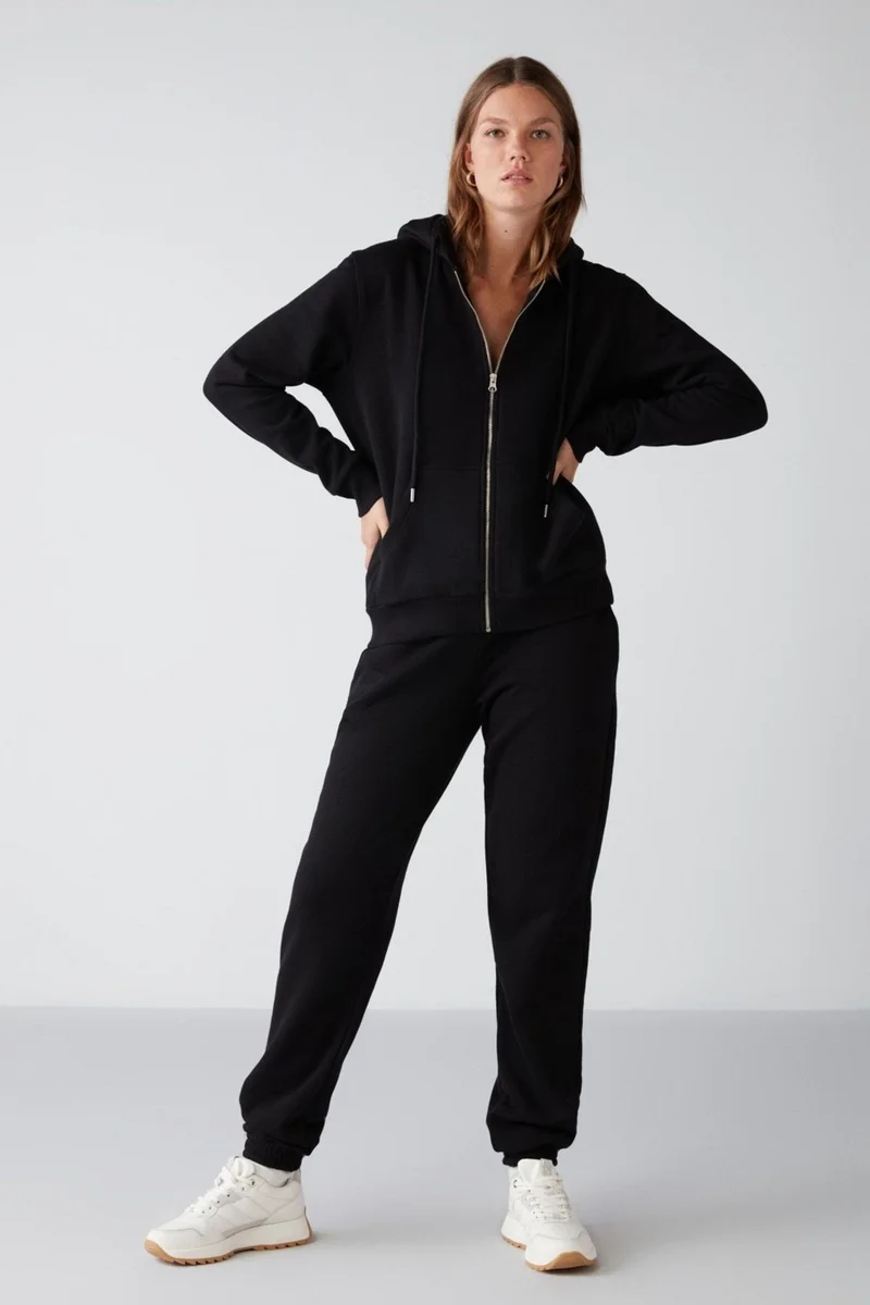 GRIMELANGE Marıtza Women's Regular Fit Elastic Waist and Legs Black Polar Fleece Sweatpants