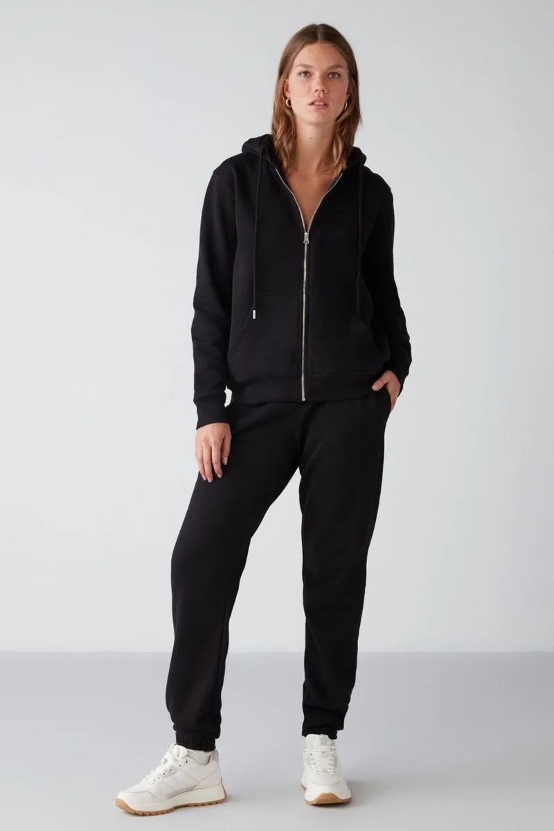 GRIMELANGE Marıtza Women's Regular Fit Elastic Waist and Legs Black Polar Fleece Sweatpants
