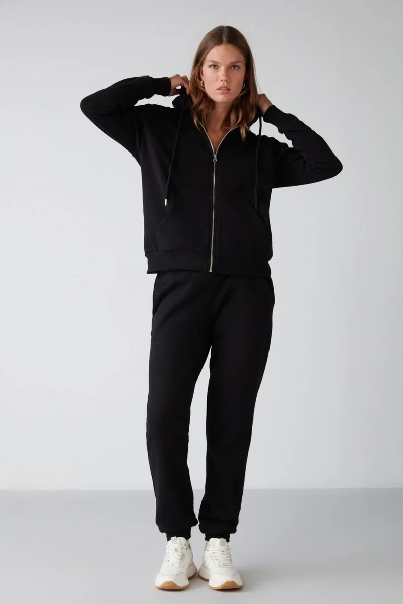 GRIMELANGE Marıtza Women's Regular Fit Elastic Waist and Legs Black Polar Fleece Sweatpants