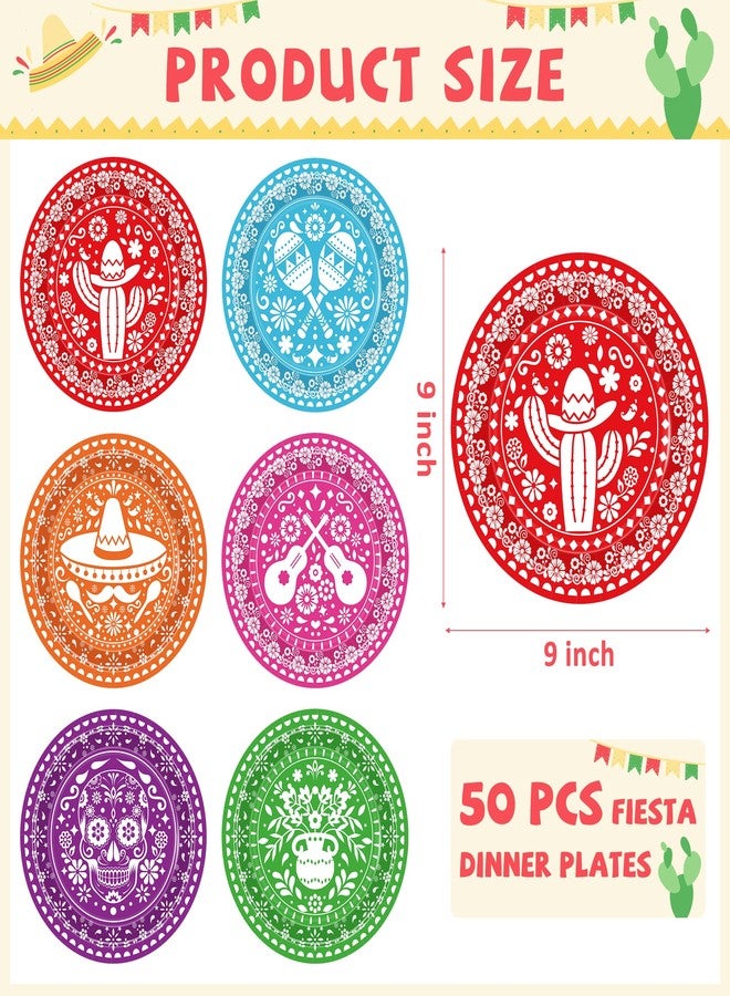 QZYL 50 Pcs Cinco De Mayo Plates, 9 Inch Fiesta Plates Mexican Party Decorations, 6 Colorful Pape Plates Disposable Tableware Set Kitchen Decor Day of the Dead Dinnerware for Mexican Party Favors - Image 2