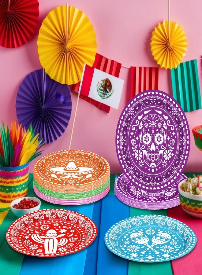 QZYL 50 Pcs Cinco De Mayo Plates, 9 Inch Fiesta Plates Mexican Party Decorations, 6 Colorful Pape Plates Disposable Tableware Set Kitchen Decor Day of the Dead Dinnerware for Mexican Party Favors - Image 5
