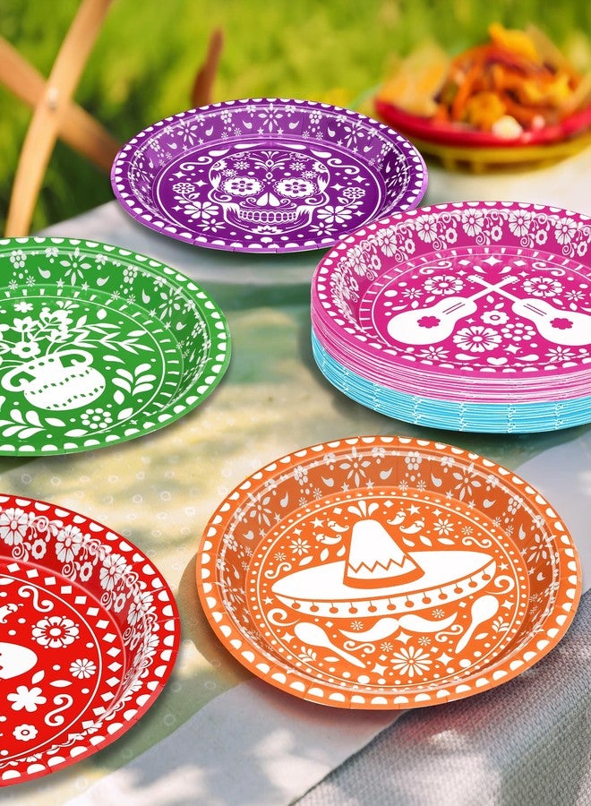 QZYL 50 Pcs Cinco De Mayo Plates, 9 Inch Fiesta Plates Mexican Party Decorations, 6 Colorful Pape Plates Disposable Tableware Set Kitchen Decor Day of the Dead Dinnerware for Mexican Party Favors - Image 4