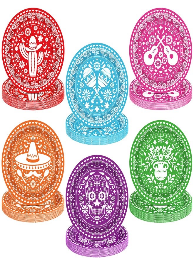 QZYL 50 Pcs Cinco De Mayo Plates, 9 Inch Fiesta Plates Mexican Party Decorations, 6 Colorful Pape Plates Disposable Tableware Set Kitchen Decor Day of the Dead Dinnerware for Mexican Party Favors - Image 1