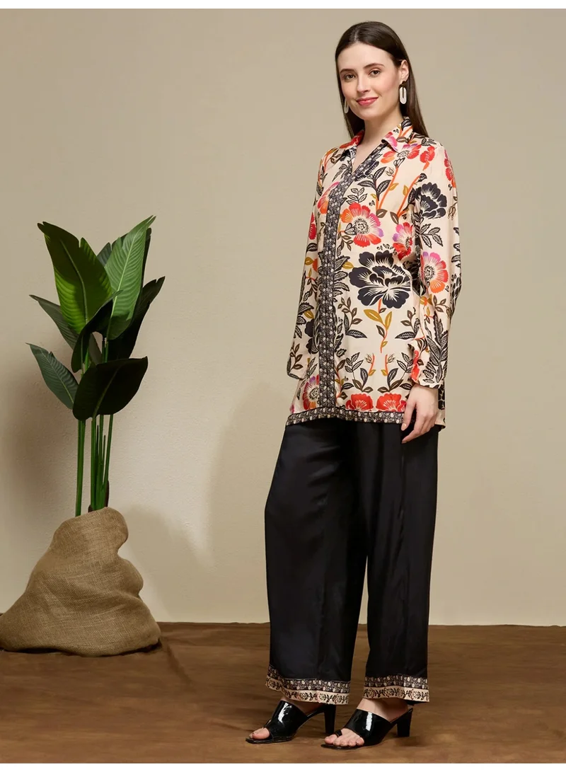 باناش برييا طقم كورتا وسروال من الحرير الموسلين مطبوع بالزهور العرقية | فستان هندي و طقم كرتي للسيدات