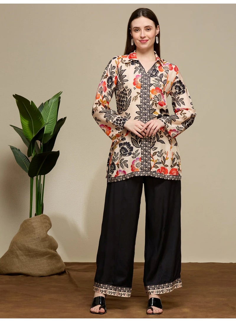 PRIYA’S PANACHE Ethnic Floral Printed Muslin Silk Kurta Pant Co-ord Set | Indian Dress Ladies Kurti Set for Women - Image 1