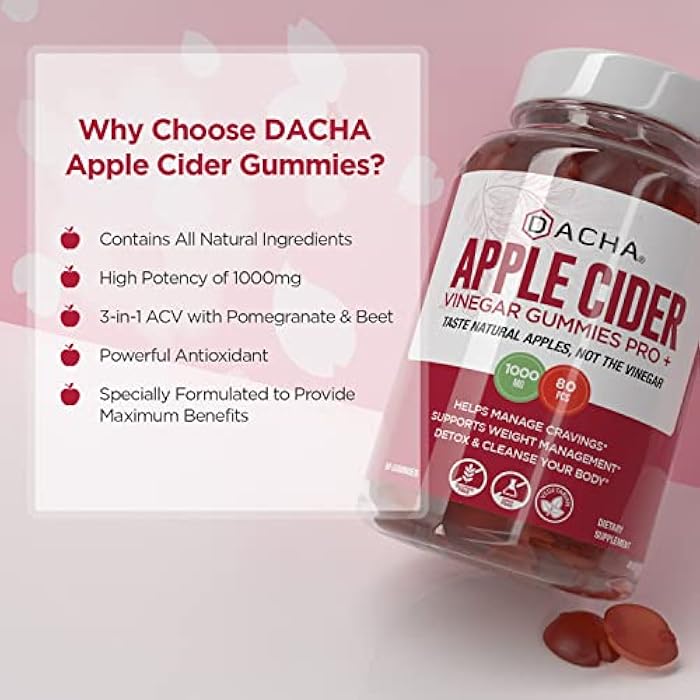 DACHA Premium Apple Cider Vinegar Gummies – 80 Count, 1000mg Raw, Organic, Unfiltered ACV from The Mother, Not Sticky, Immune, Detox, Fitness & Acid Reflux Heartburn Pomegranate Beet Root Vitamin B9 B12 - Image 2