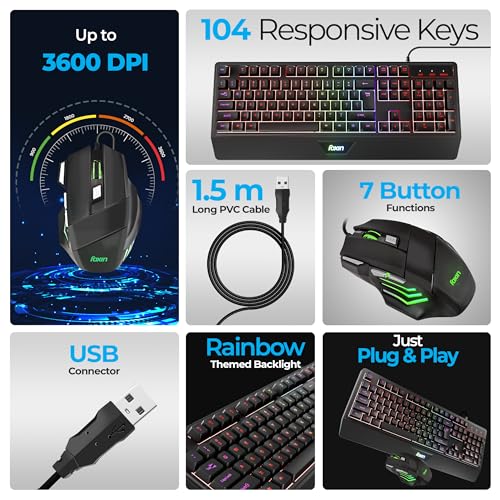 FOXIN Endeavour Gaming Keyboard and Mouse Combo Wired | RGB Rainbow Backlit Keyboard with 104 Keys & Wrist Rest | 3600 DPI | 7 Button Mouse | Plug & Play for PC, Laptop, Desktop - Image 2