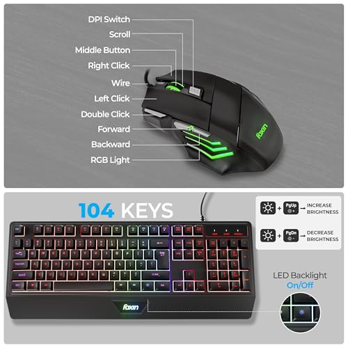 FOXIN Endeavour Gaming Keyboard and Mouse Combo Wired | RGB Rainbow Backlit Keyboard with 104 Keys & Wrist Rest | 3600 DPI | 7 Button Mouse | Plug & Play for PC, Laptop, Desktop - Image 5