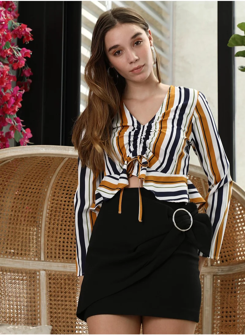 PINACOLADA Pinacolada Women's Mustard Yellow & Navy Blue Multitrack Ruched Top For Casual Wear | V-Neck | Long Regular Sleeves | Pull On Closure | Top Designed With Comfortable Fit For Woman & Girls