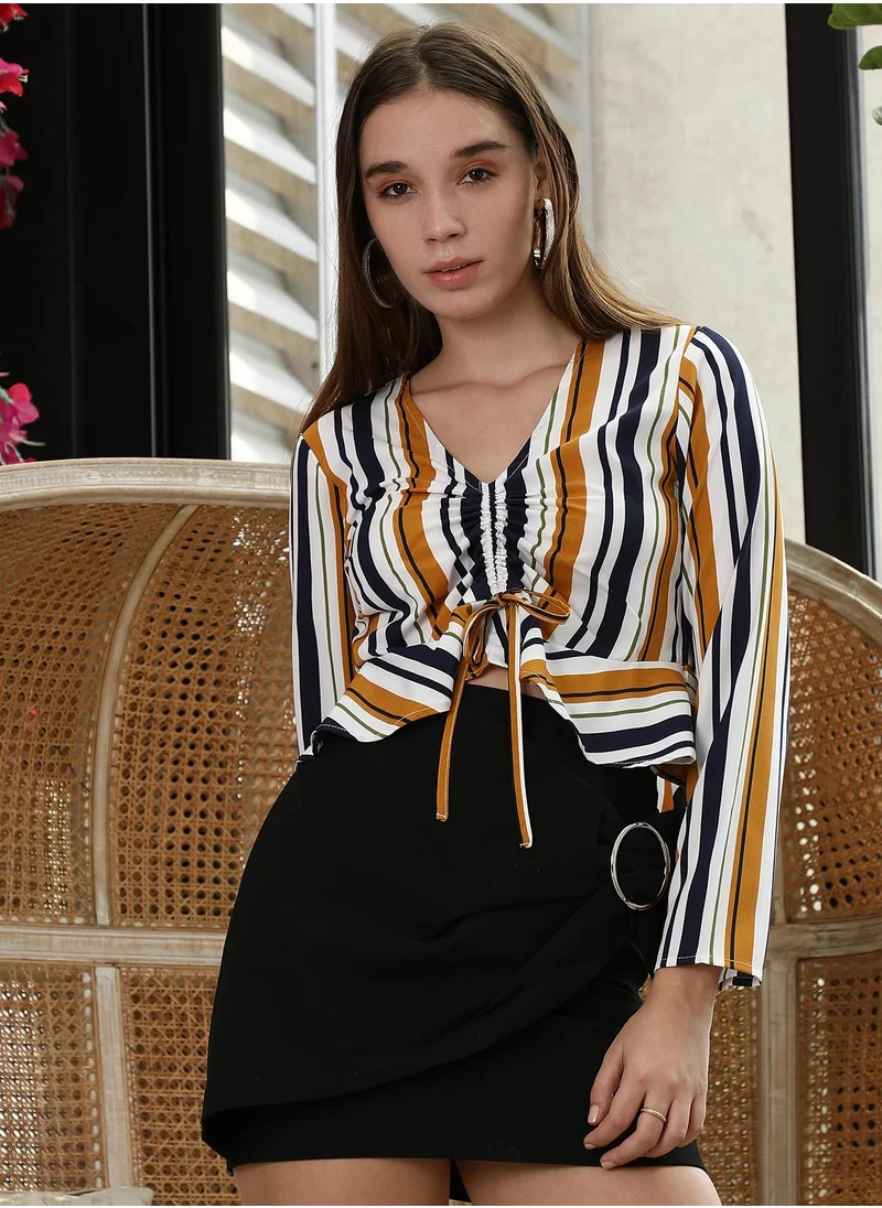 PINACOLADA Pinacolada Women's Mustard Yellow & Navy Blue Multitrack Ruched Top For Casual Wear | V-Neck | Long Regular Sleeves | Pull On Closure | Top Designed With Comfortable Fit For Woman & Girls