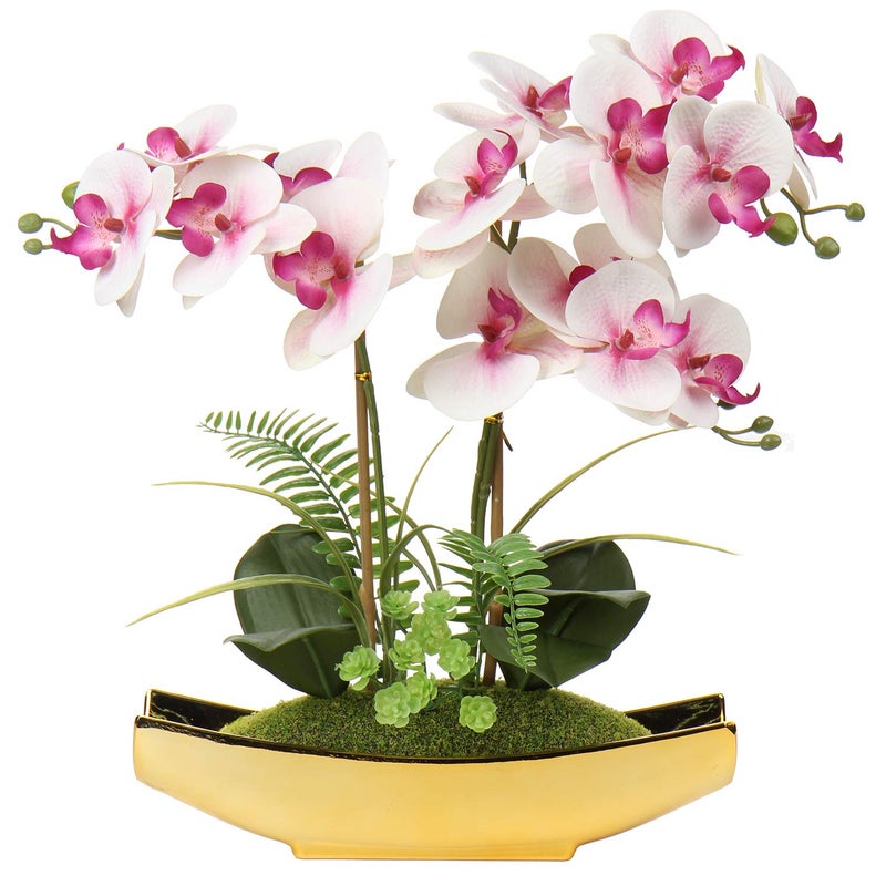 Briful Orchids Artificial Flowers 15 Light Pink Phalaenopsis Orchid with Gold Pots Real Touch Faux Orchid Plant for Home Office Living Room Table Shelf Decor