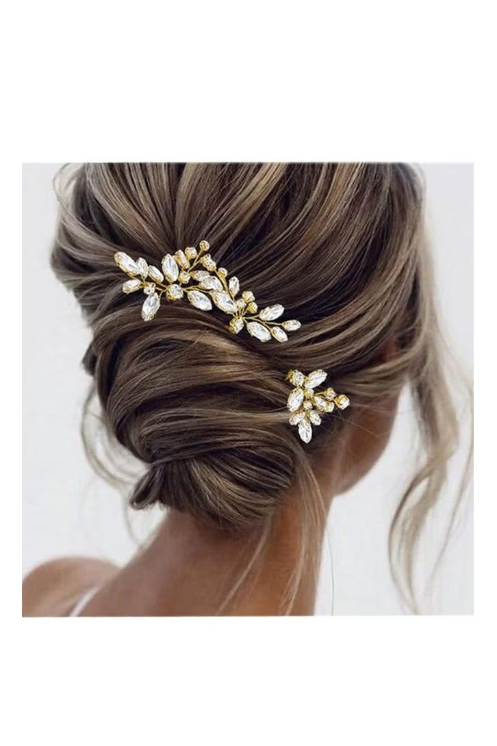Rhinestone Bride Wedding Hair Pins, 3Pcs Crystal Bridal Head Piece Flower Hair Accessories for Women and Girls (Gold) - Image 1