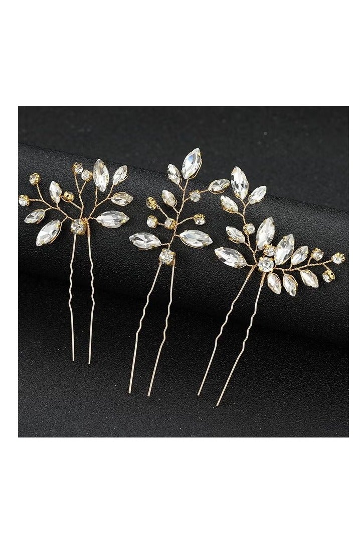 Rhinestone Bride Wedding Hair Pins, 3Pcs Crystal Bridal Head Piece Flower Hair Accessories for Women and Girls (Gold) - Image 2