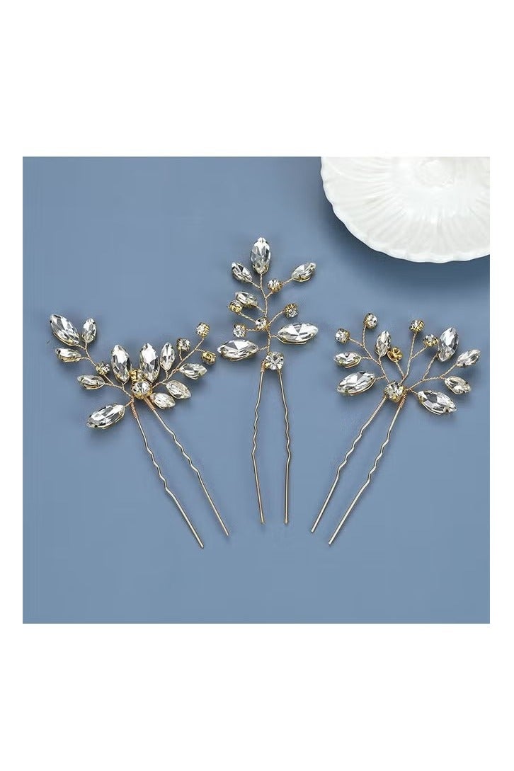 Rhinestone Bride Wedding Hair Pins, 3Pcs Crystal Bridal Head Piece Flower Hair Accessories for Women and Girls (Gold) - Image 5