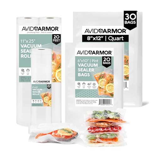 Avid Armor Vacuum Sealer Bags Rolls Heavy Duty BPAFree PreCut CustomSized for Food Storage Meal Prep Sous Vide 20 Pint 30 Quart 2 Rolls 11x20ft 1 Roll 8x20ft - Image 1