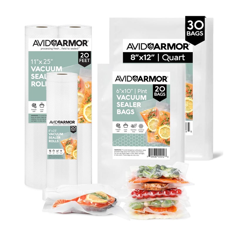 Avid Armor Vacuum Sealer Bags Rolls Heavy Duty BPAFree PreCut CustomSized for Food Storage Meal Prep Sous Vide 20 Pint 30 Quart 2 Rolls 11x20ft 1 Roll 8x20ft - Image 2