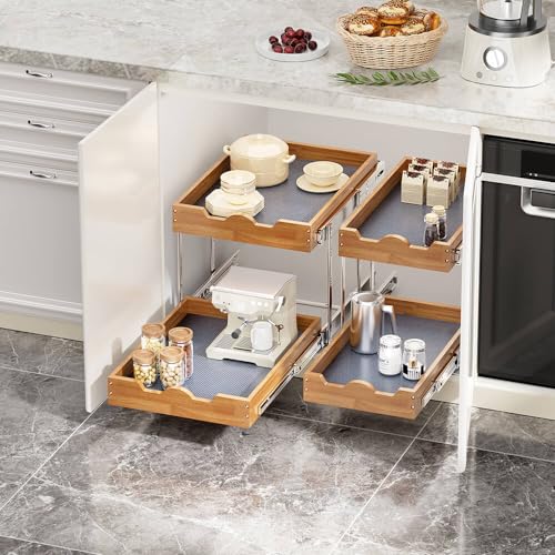 OCG Pull Out Drawers For Cabinets 14"W x 21"D, 2 Tier Heavy-Duty Slide out Wood Drawer Shelf, Pull Out Drawer for Cabinets, Base Cabinet Organization ​for Kitchen, Pantry, Bathroom - Image 4