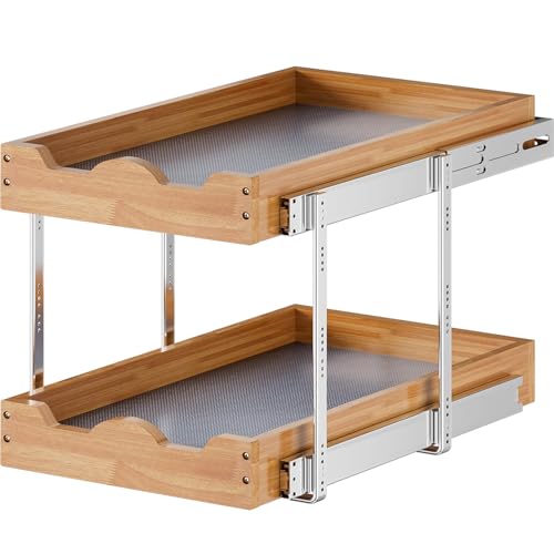 OCG Pull Out Drawers For Cabinets 14"W x 21"D, 2 Tier Heavy-Duty Slide out Wood Drawer Shelf, Pull Out Drawer for Cabinets, Base Cabinet Organization ​for Kitchen, Pantry, Bathroom - Image 1