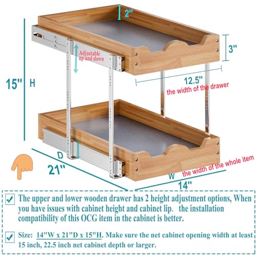 OCG Pull Out Drawers For Cabinets 14"W x 21"D, 2 Tier Heavy-Duty Slide out Wood Drawer Shelf, Pull Out Drawer for Cabinets, Base Cabinet Organization ​for Kitchen, Pantry, Bathroom - Image 3