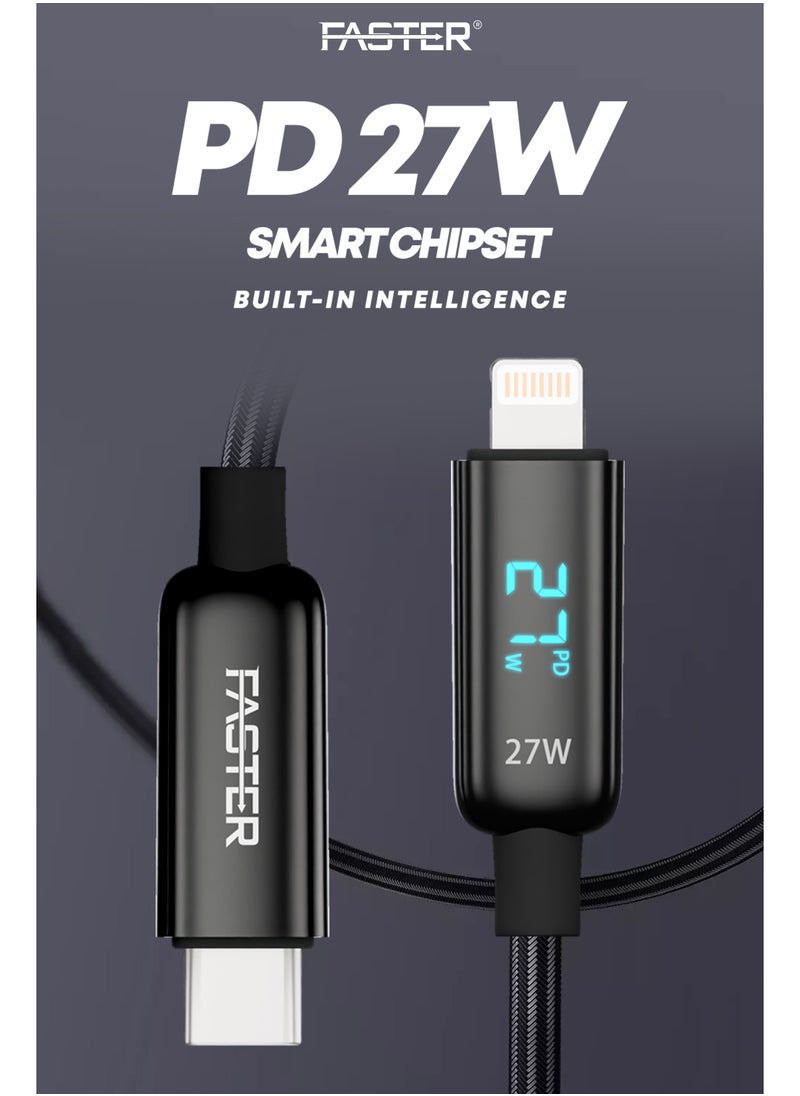 Faster - 27W USB-C to Lightning Fast Charging Cable 1 Meter with LED Display - Lightning Cable for iPhone - Braided Long Charger Cable for PD Fast Charging - Durable and Fast Data Cable - Image 1