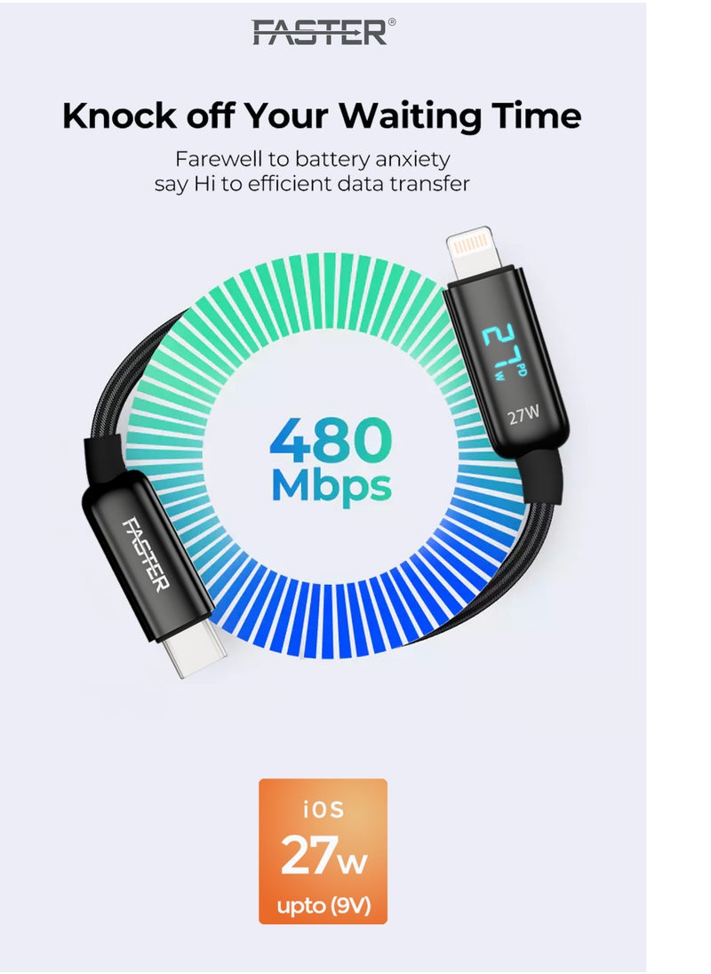 Faster - 27W USB-C to Lightning Fast Charging Cable 1 Meter with LED Display - Lightning Cable for iPhone - Braided Long Charger Cable for PD Fast Charging - Durable and Fast Data Cable - Image 1