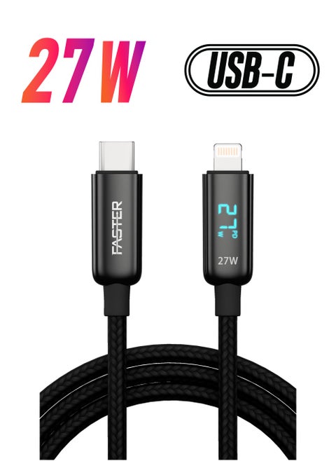 27W USB-C to Lightning Fast Charging Cable 1 Meter with LED Display - Lightning Cable for iPhone - Braided Long Charger Cable for PD Fast Charging - Durable and Fast Data Cable