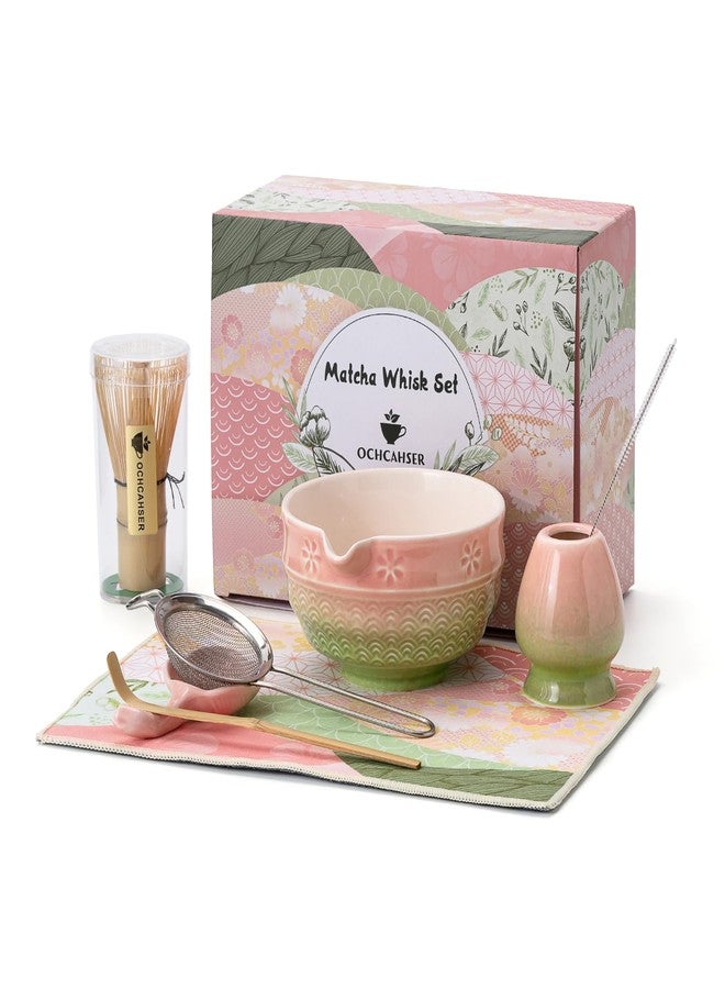 Ochcahser Matcha Tea Set, 8 Pcs Japanese Matcha Kit with Cherry Blossom and Wave Design Ceramic Bowl, Bamboo Whisk, Whisk Holder, Scoop, Sifter, Brush, Matcha Kit Set for Matcha Lovers (Pink-Green) - Image 1