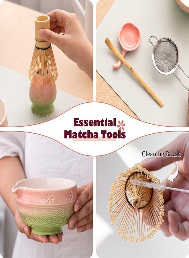 Ochcahser Matcha Tea Set, 8 Pcs Japanese Matcha Kit with Cherry Blossom and Wave Design Ceramic Bowl, Bamboo Whisk, Whisk Holder, Scoop, Sifter, Brush, Matcha Kit Set for Matcha Lovers (Pink-Green) - Image 3