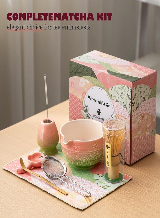 Ochcahser Matcha Tea Set, 8 Pcs Japanese Matcha Kit with Cherry Blossom and Wave Design Ceramic Bowl, Bamboo Whisk, Whisk Holder, Scoop, Sifter, Brush, Matcha Kit Set for Matcha Lovers (Pink-Green) - Image 4