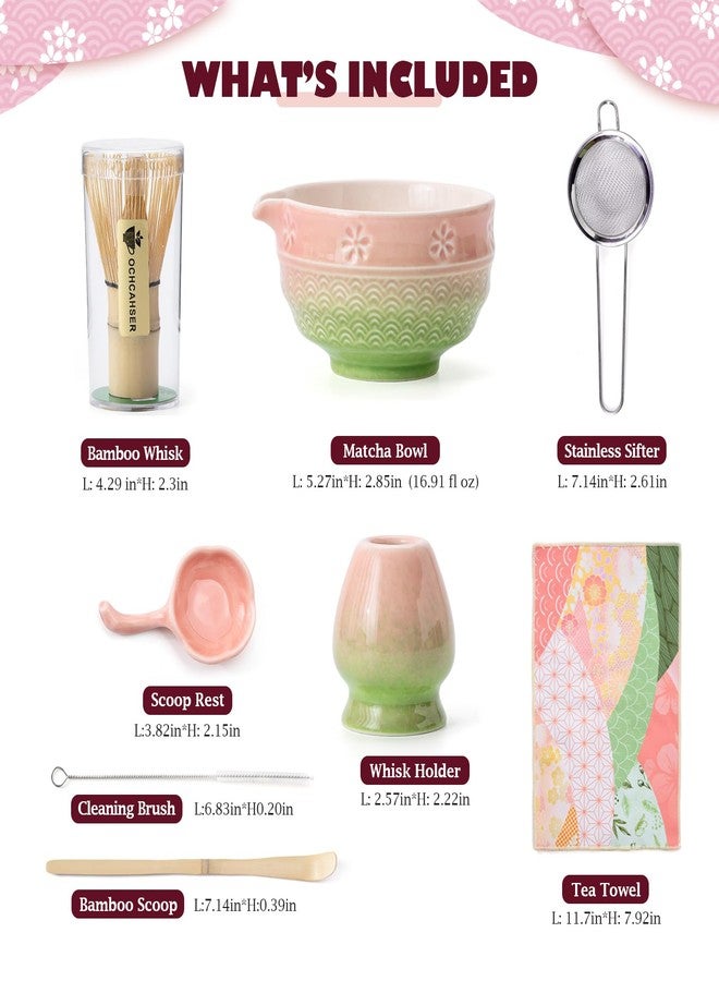 Ochcahser Matcha Tea Set, 8 Pcs Japanese Matcha Kit with Cherry Blossom and Wave Design Ceramic Bowl, Bamboo Whisk, Whisk Holder, Scoop, Sifter, Brush, Matcha Kit Set for Matcha Lovers (Pink-Green) - Image 5