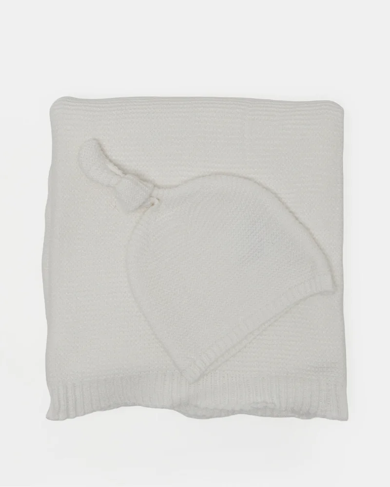 Redtag Baby White Knitted Blanket With Cap