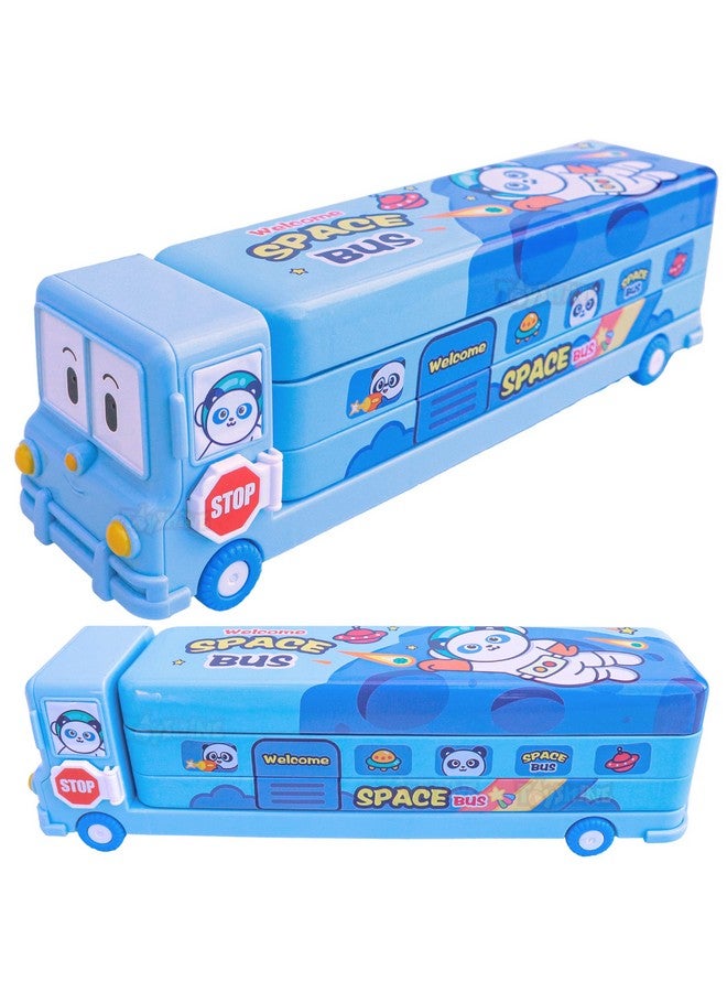 Toyshine Cartoon Printed School Bus Matal Pencil Box With Moving Tyres And Sharpner For Kids - Blue - Image 1