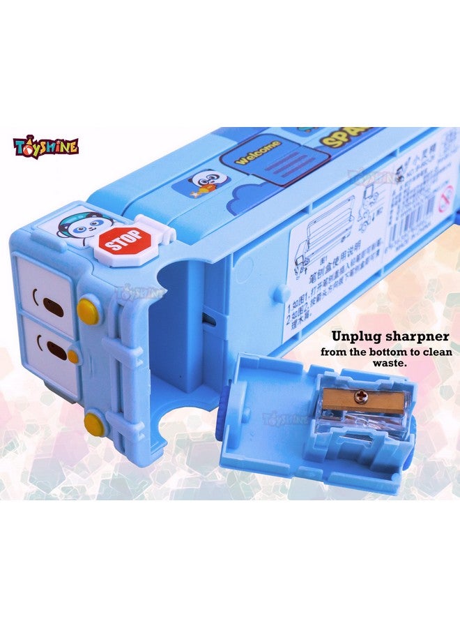 Toyshine Cartoon Printed School Bus Matal Pencil Box With Moving Tyres And Sharpner For Kids - Blue - Image 2