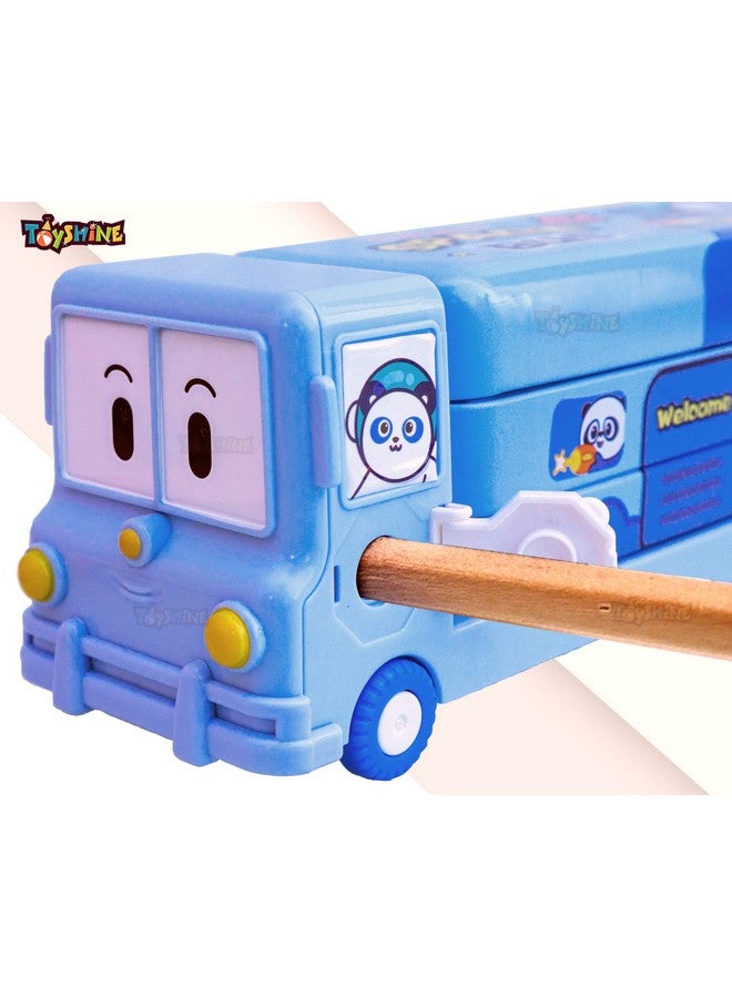 Toyshine Cartoon Printed School Bus Matal Pencil Box With Moving Tyres And Sharpner For Kids - Blue - Image 3