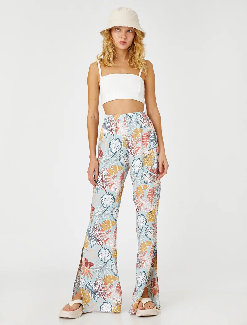 KOTON Wide Leg Trousers Slit High Waist
