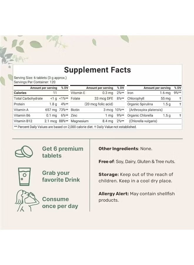 أورجانيك حبوب كلوريلا سبيرولينا العضوي ، 720 حبوب (إمدادات 4 أشهر) | 50/50 مزيج سوبر فود  جدار الخلية المكسور للامتصاص الأفضل  غني بالبروتين النباتي والكلوروفيل - Image 2