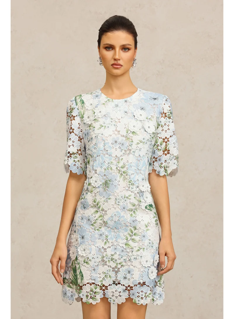 Bella Barnett Sabell Round Neck Short Sleeves Floral Printed Lace Mini Dress