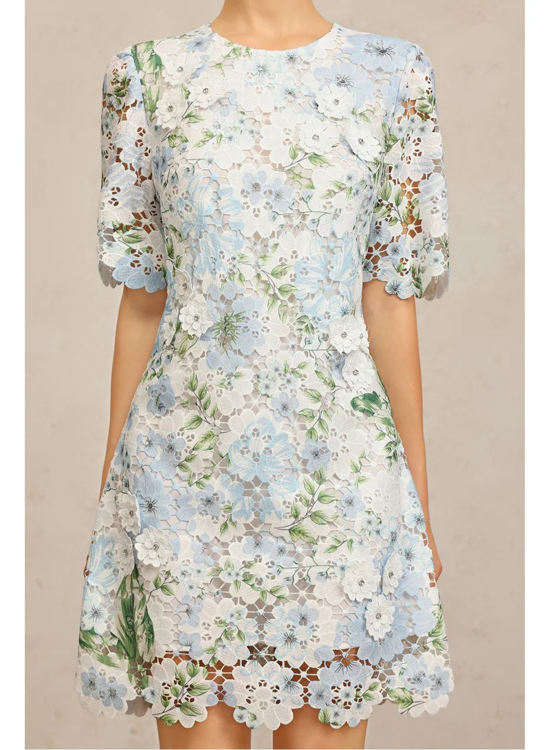 Bella Barnett Sabell Round Neck Short Sleeves Floral Printed Lace Mini Dress
