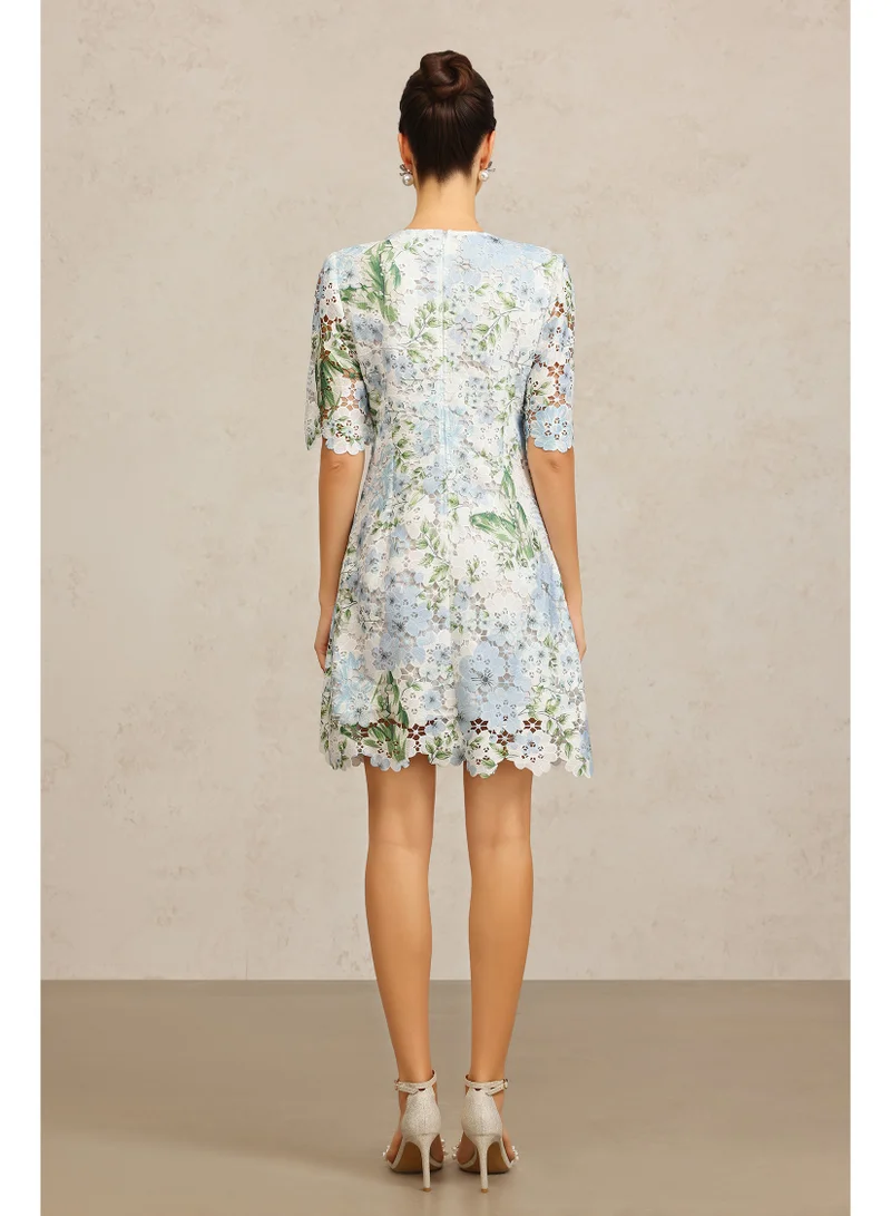 Bella Barnett  Sabell Round Neck Short Sleeves Floral Printed Lace Mini Dress for Women | Best Price UAE