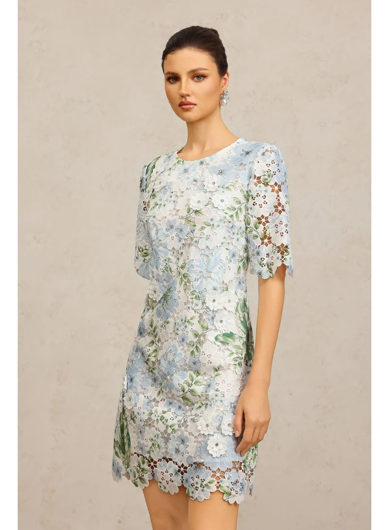 Bella Barnett  Sabell Round Neck Short Sleeves Floral Printed Lace Mini Dress for Women | Best Price UAE