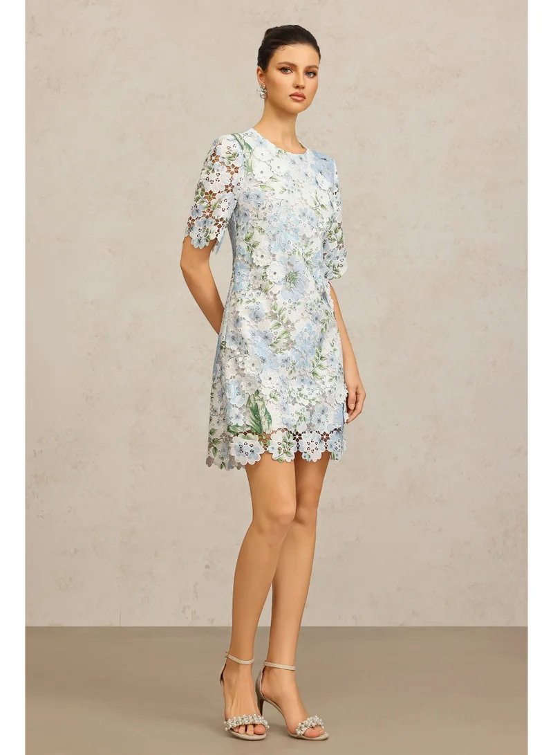 Bella Barnett  Sabell Round Neck Short Sleeves Floral Printed Lace Mini Dress for Women | Best Price UAE